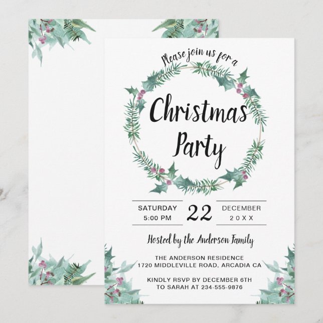 Invitation Aquarelle verte Holly Wreath fête de Noël (Devant / Derrière)