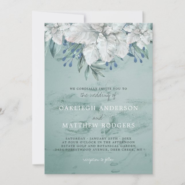 Invitation Aquarelle verte mariage Accents floraux blancs (Devant)