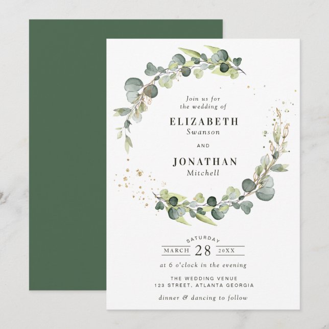 Invitation Aquarelle verte mariage de couronne (Devant / Derrière)