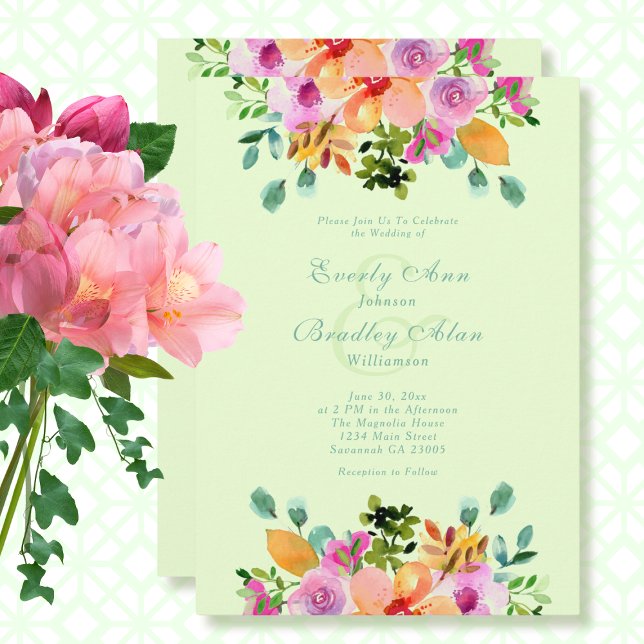 Invitation Aquarelle verte orange rose gras Mariage floral (Créateur téléchargé)