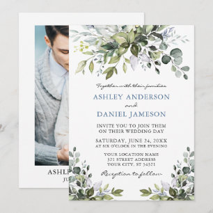 Invitation Aquarelle verte Photo Dusty Blue Mariage