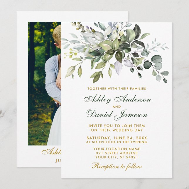 Invitation Aquarelle verte Photo Vert Mariage or (Devant / Derrière)