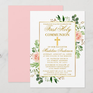 Invitation Aquarelle verte Pink Floral Première communion