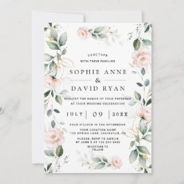 Invitation Aquarelle verte rose Mariage or Floral rose