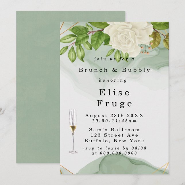 Invitation Aquarelle verte Roses blanches Brunch & Bubbly (Devant / Derrière)