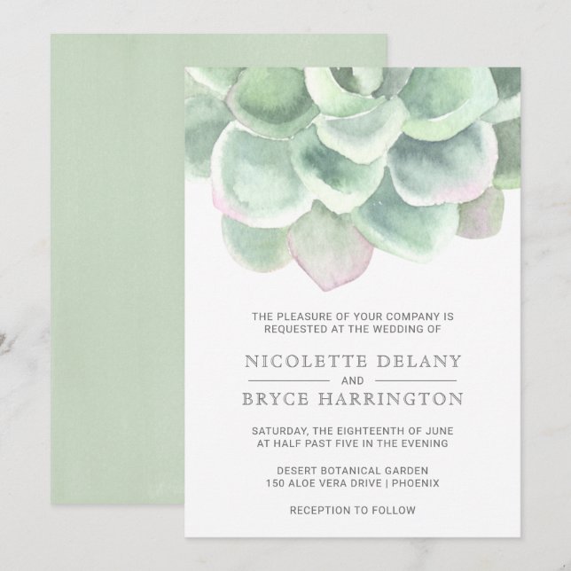 Invitation Aquarelle verte Sage Botanique Mariage Succulent (Devant / Derrière)