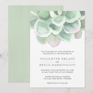 Invitation Aquarelle verte Sage Botanique Mariage Succulent