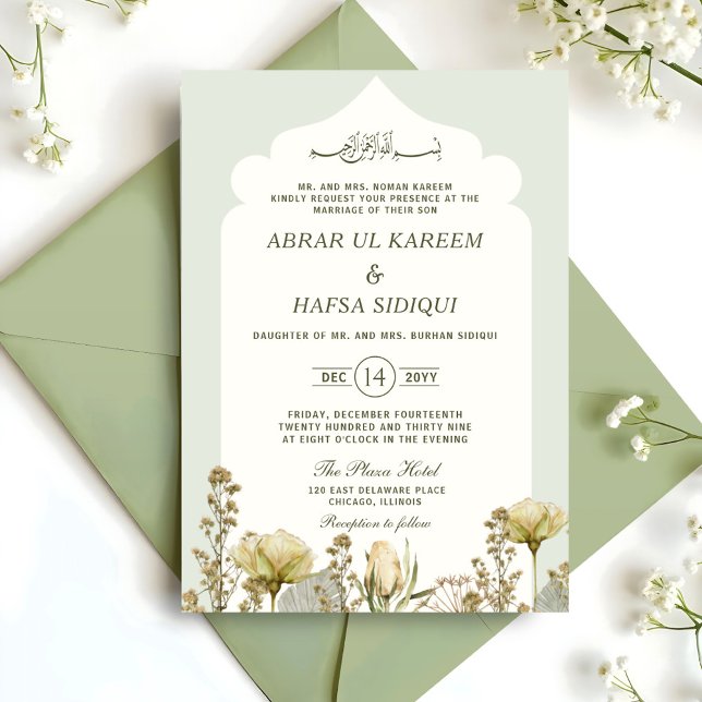Invitation Aquarelle verte Sage Floral Mariage islamique (Créateur téléchargé)