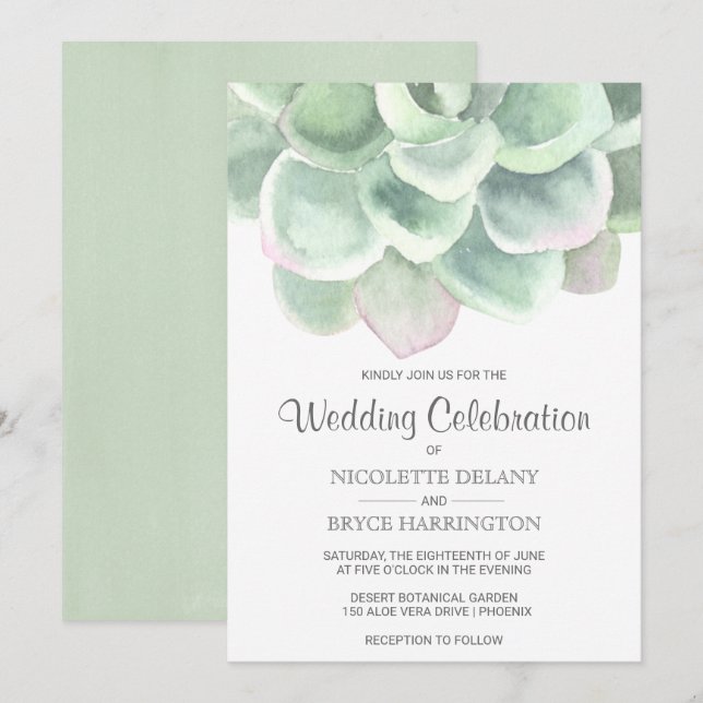 Invitation Aquarelle verte simple Mariage Succulent (Devant / Derrière)