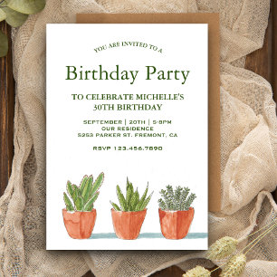 Invitation Aquarelle verte Succulents fête d'anniversaire