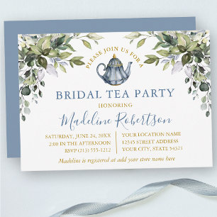 Invitation Aquarelle verte Tea Party nuptiale Dusty Blue