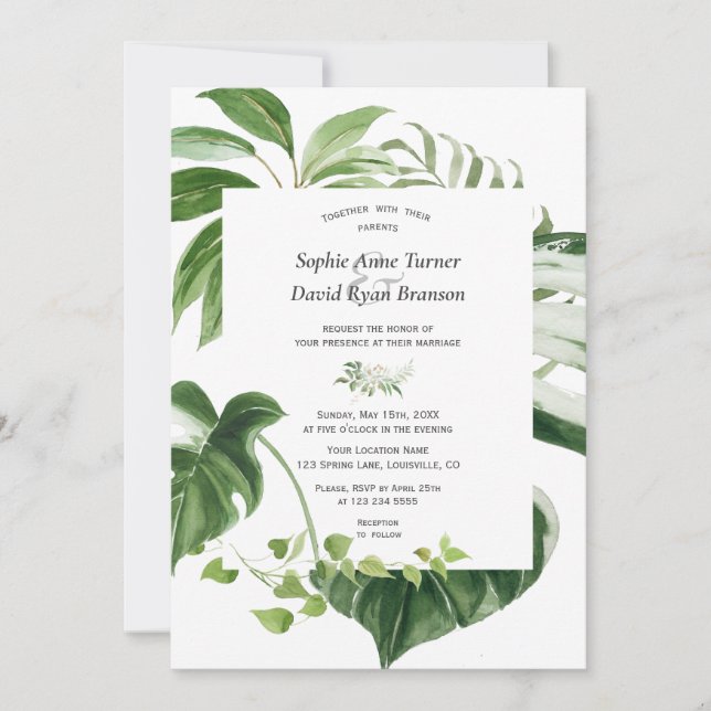 Invitation Aquarelle verte tendance Mariage vert tropical (Devant)