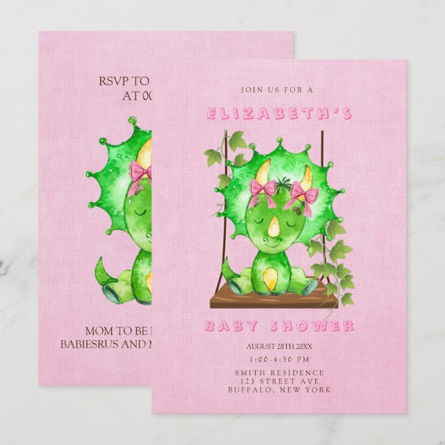 Invitation Aquarelle verte Tricératops Baby shower fille (Devant / Derrière)