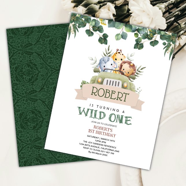 Invitation Aquarelle verte Wild One Jungle Safari Anniversair (Créateur téléchargé)