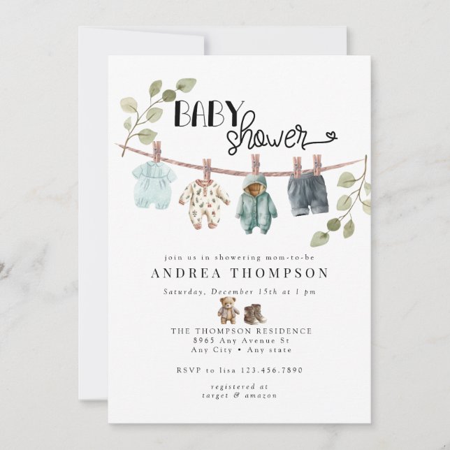Invitation Aquarelle Vêtements bébé | Baby shower Boho Boy (Devant)