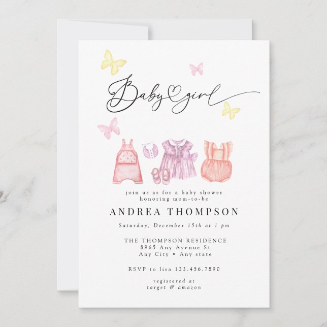 Invitation Aquarelle Vêtements bébé | Baby shower fille (Devant)