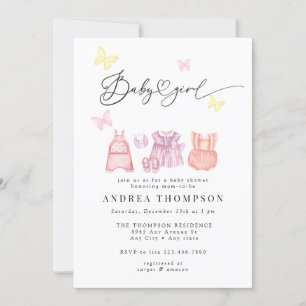 Invitation Aquarelle Vêtements bébé   Baby shower fille
