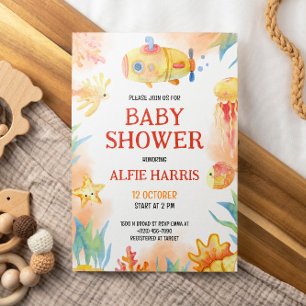 Invitation Aquarelle Vie marine Baby shower de genre neutre