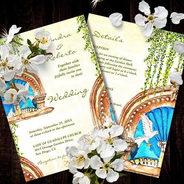 Invitation Aquarelle Vieux Mexique Arch et Mariage de fontain (Créateur téléchargé)