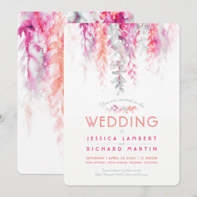 Invitation Aquarelle vigne corail vert rose rouge mariage (Devant / Derrière)