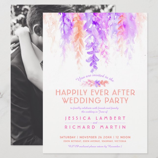 Invitation Aquarelle vignes violet orange après la fête de ma (Devant / Derrière)