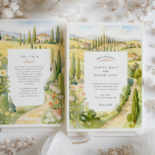Invitation Aquarelle Villa La Foce Toscane Italie Mariage