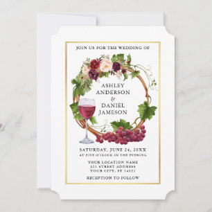Invitation Aquarelle Vins de raisin Floral Wreath Mariage Or