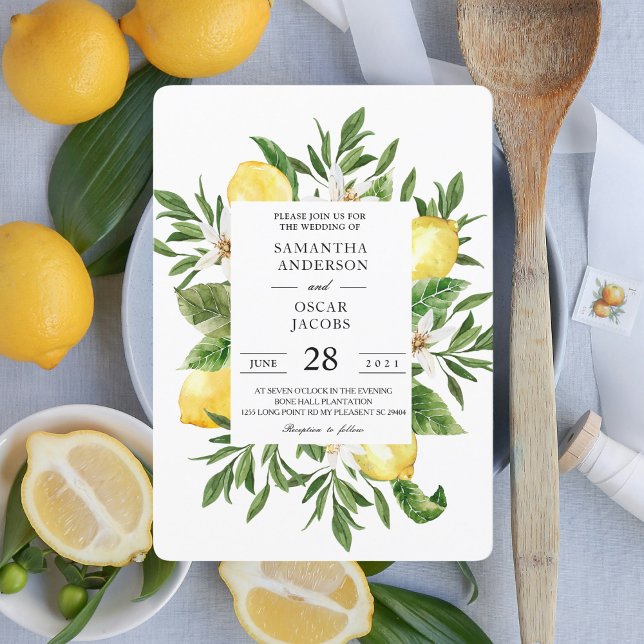 Invitation Aquarelle vintage Citrons jaunes et cadre feuille (Créateur téléchargé)