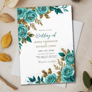 Invitation Aquarelle vintage Florale Or Mariage Turquoise