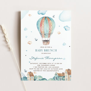 Invitation Aquarelle vintage Hot Air Balloon Garçon Bébé Brun