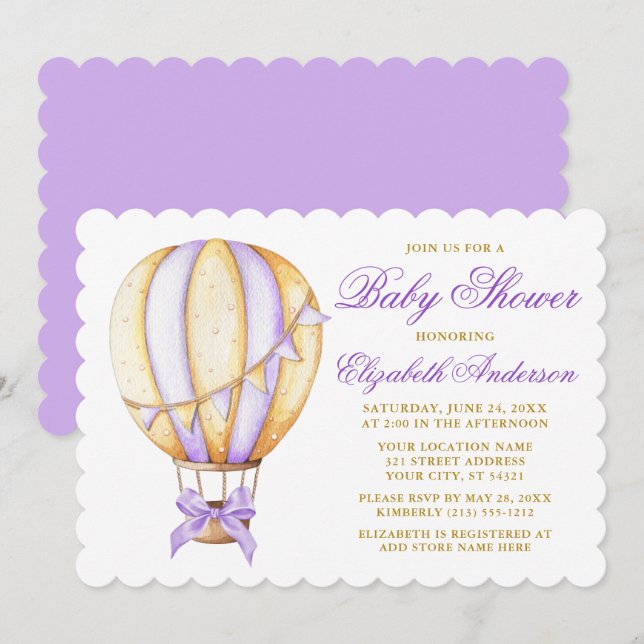 Invitation Aquarelle violet à air chaud Baby shower de fond d (Devant / Derrière)