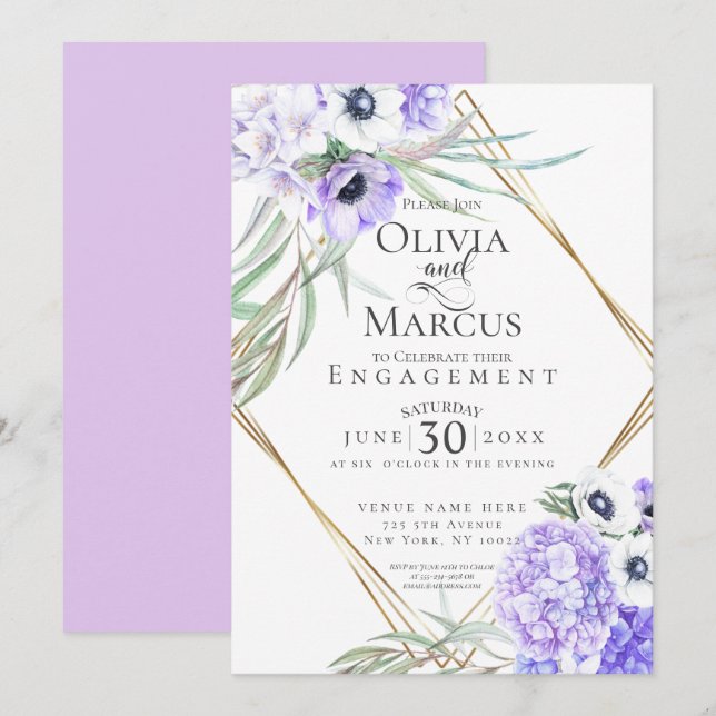 Invitation Aquarelle Violet Anémonique Floral Cadre géométriq (Devant / Derrière)