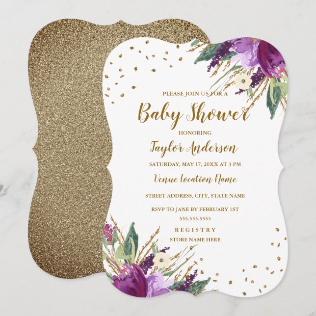 Invitation Aquarelle violet Baby shower à fleurs or (Devant / Derrière)