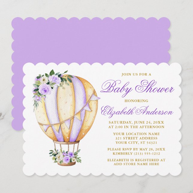 Invitation Aquarelle violet Baby shower Floral Air Balloon (Devant / Derrière)