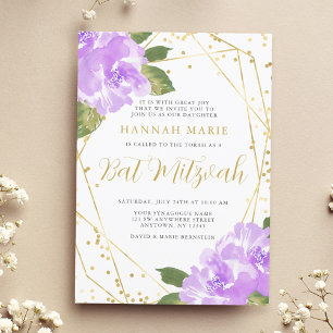 Invitation Aquarelle violet Bat mitzvah d'or Floral