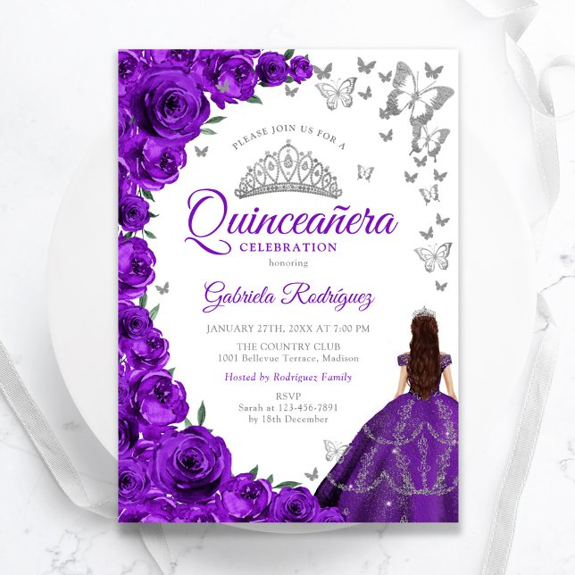 Invitation Aquarelle violet blanc argent Floral Quinceanera (Créateur téléchargé)