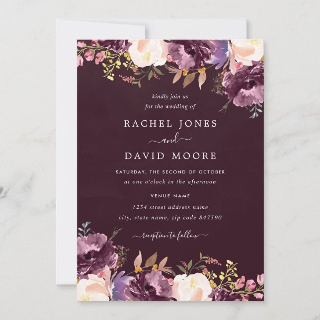 Invitation Aquarelle violet Bourgogne Mariage floral (Devant)