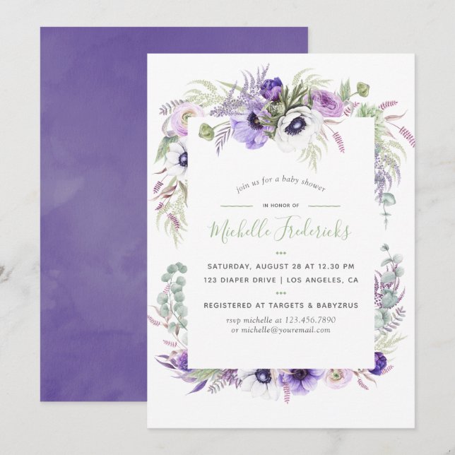 Invitation Aquarelle violet Dusty Baby shower Floral Invitati (Devant / Derrière)