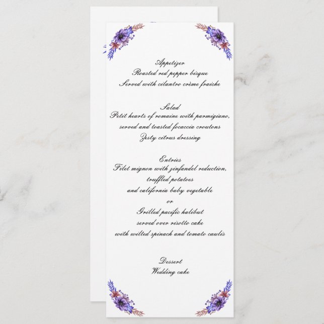 Invitation Aquarelle violet et bleu Menu Mariage Floral (Devant / Derrière)