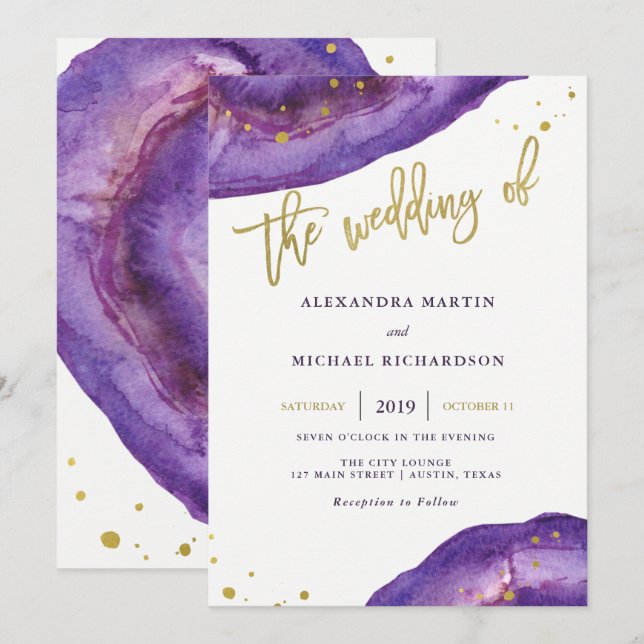 Invitation Aquarelle violet et Mariage de géoode or (Devant / Derrière)