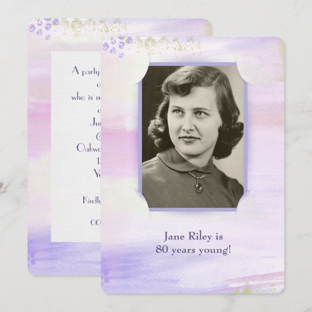 Invitation aquarelle violet fête d'anniversaire cadre photo (Devant / Derrière)