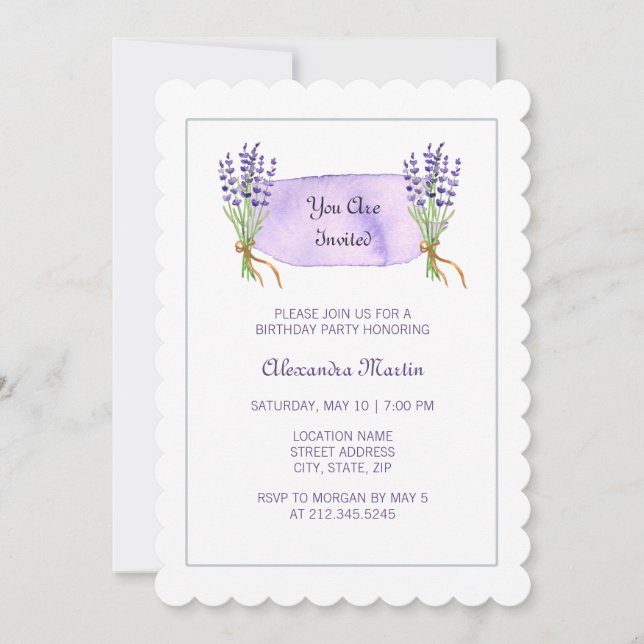 Invitation Aquarelle violet Fleurs de Lavande Française Anniv (Devant)