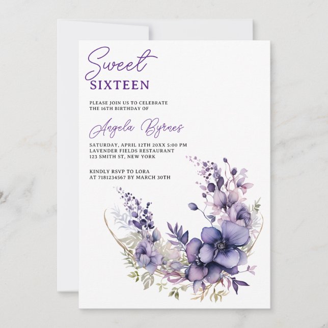 Invitation Aquarelle violet fleurs demi-cercle (Devant)
