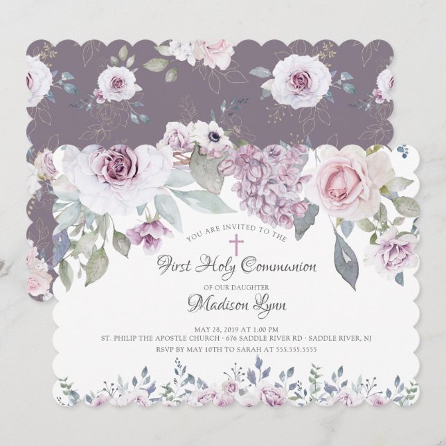 Invitation Aquarelle Violet Fleurs Première Communion (Devant / Derrière)