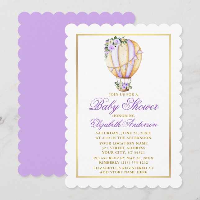 Invitation Aquarelle violet floral Baby shower or (Devant / Derrière)