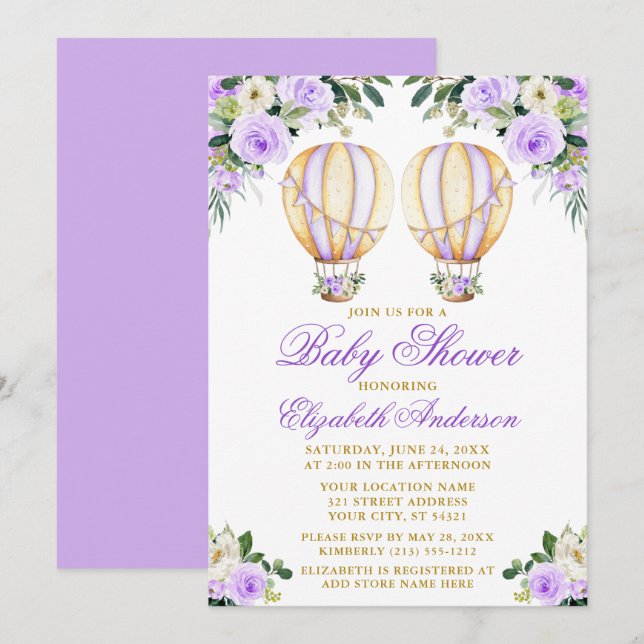 Invitation Aquarelle violet Floral Ballons Baby shower jumeau (Devant / Derrière)