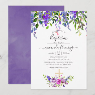 Invitation Aquarelle Violet Floral Baptême