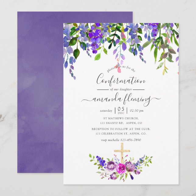 Invitation Aquarelle Violet Floral Confirmation (Devant / Derrière)