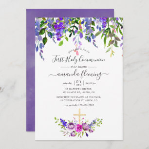 Invitation Aquarelle Violet Floral Première sainte communion