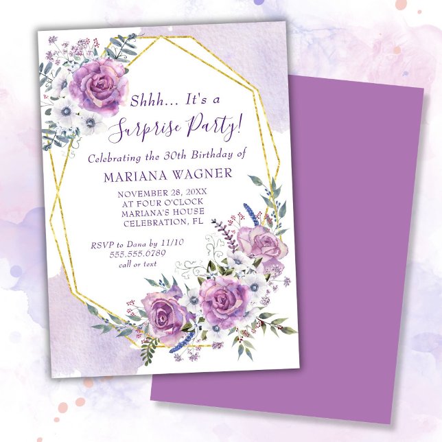 Invitation Aquarelle violet Floral Surprise fête d'anniversai (Créateur téléchargé)